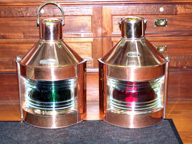 A Large Pair of World War II Era Merchant Marine Brass Mounted Copper Port and Starboard Running Lamps.
